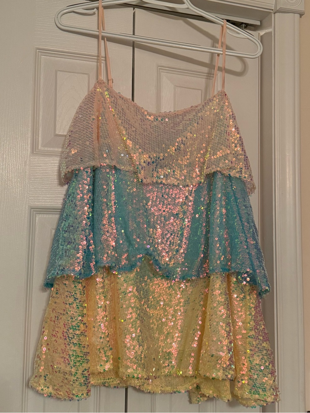 Sequined Tiered Spaghetti Strap Mini Dress- Pastel Multi